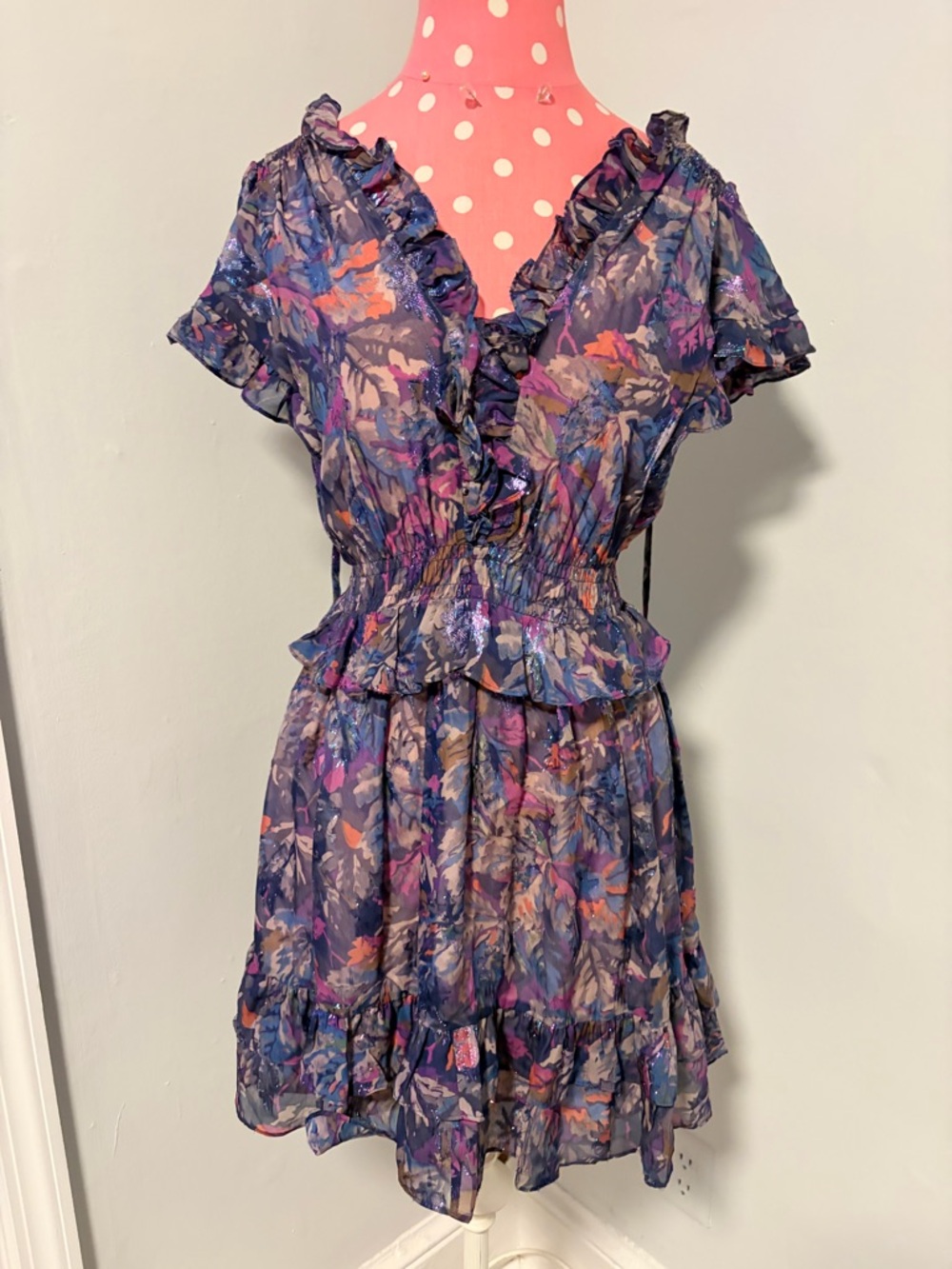 Ruffled Floral V-Neck Mini Dress in Purple Multi